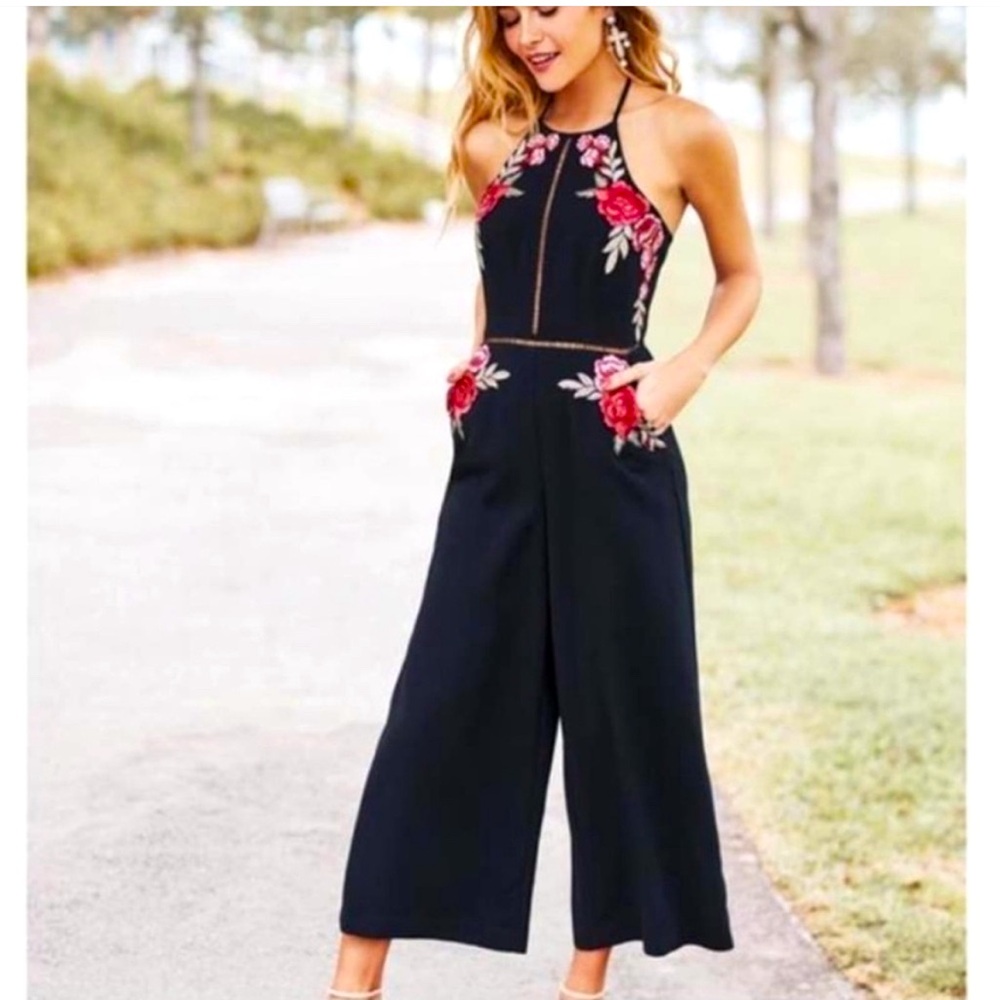 Gianni Bini Black Halter Jumpsuit with Red Floral Embroidery